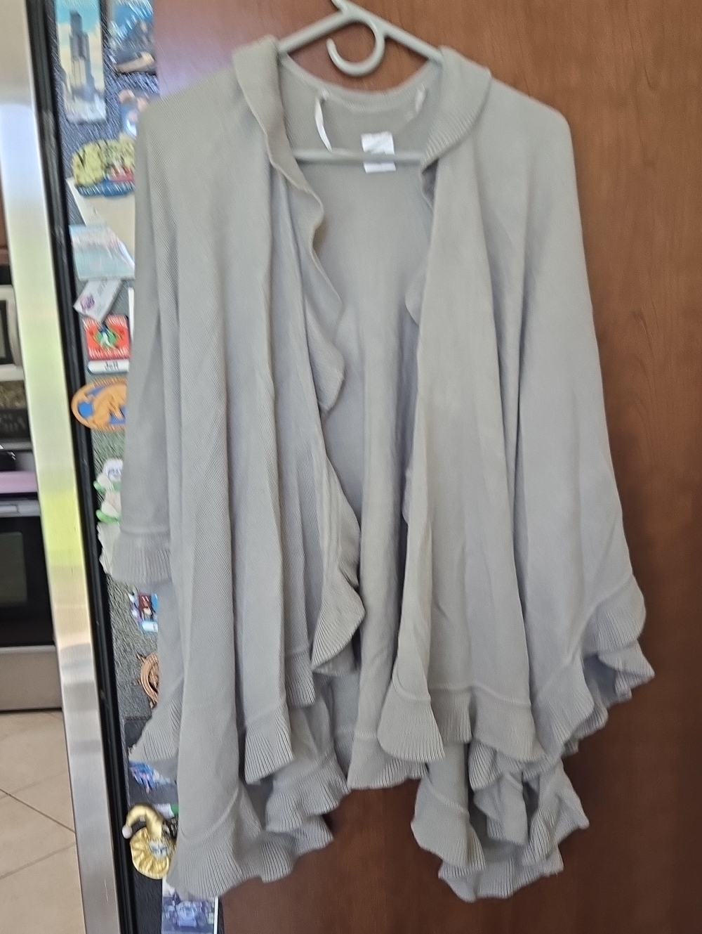 Light Gray Ruffle Open-Front Women's Sweater Poncho